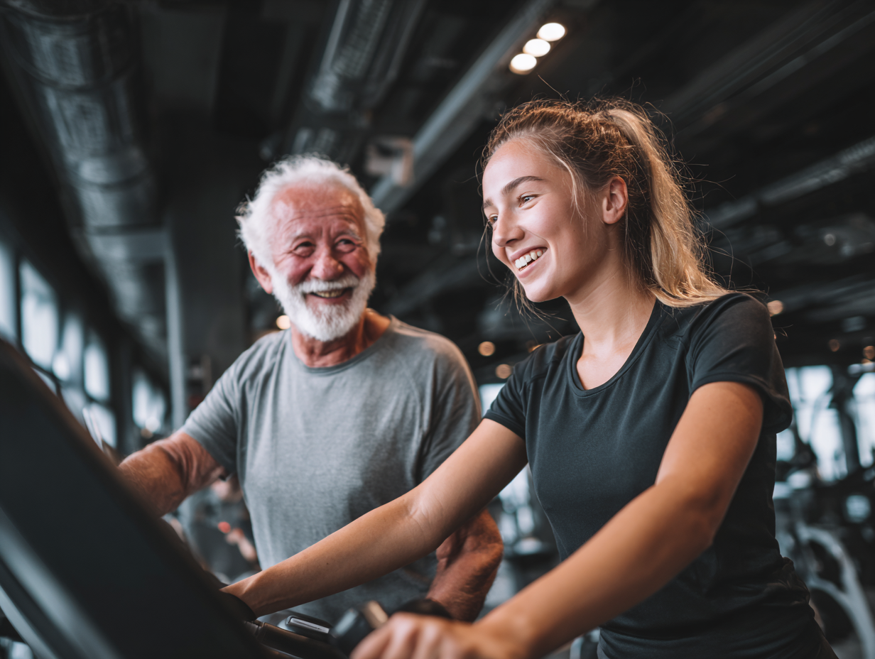 Skupina ľudí rôzneho veku cvičí s energiou a úsmevom v modernom fitness centre