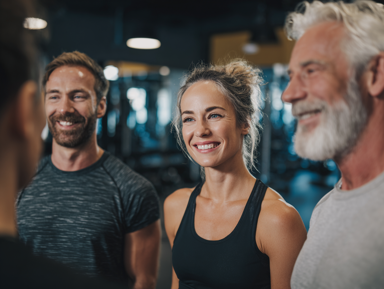 Starší muž a mladá žena cvičia spolu, ukazujúc že fitness je pre všetky vekové kategórie